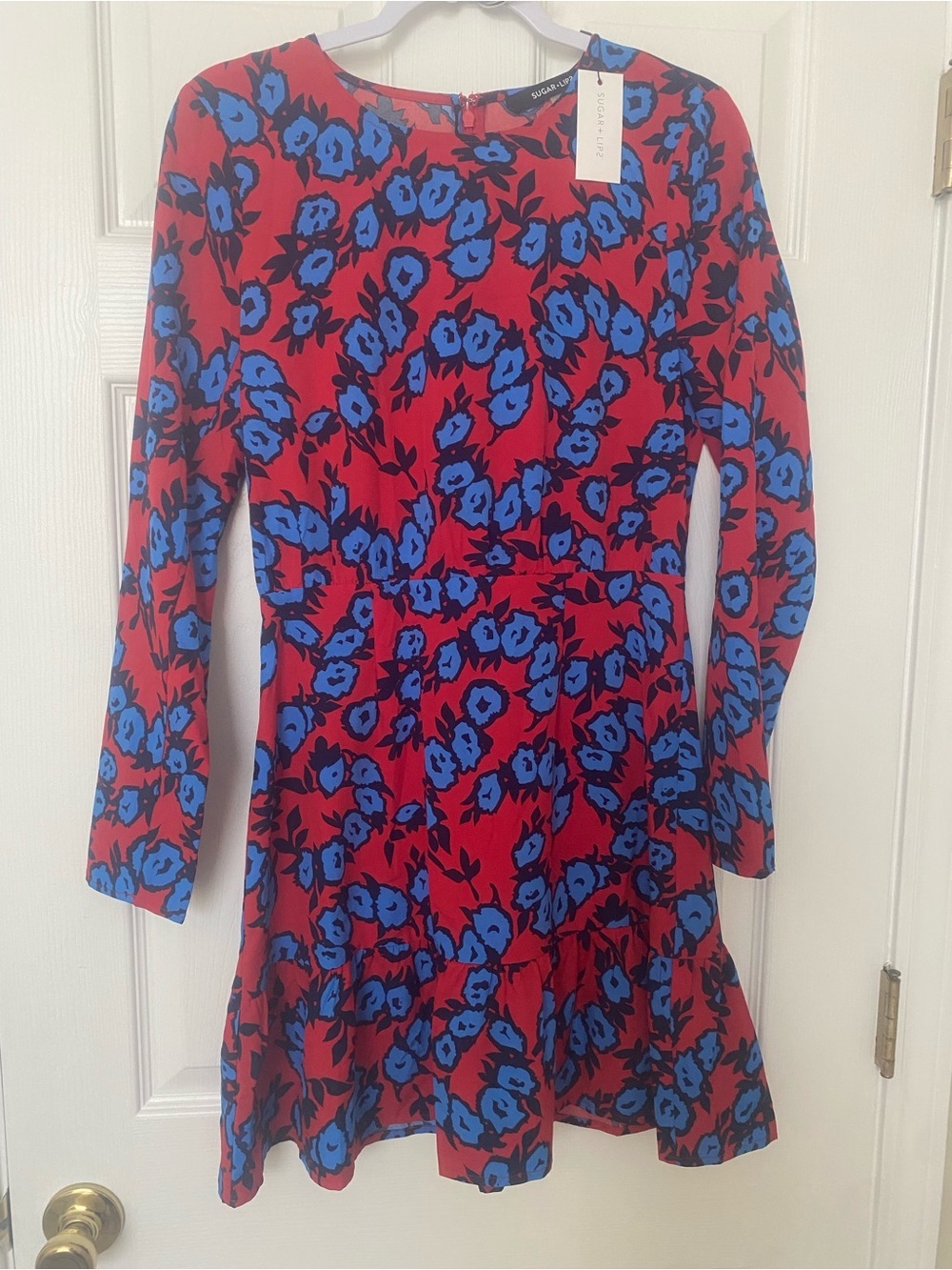 Sugarlips Red Dress with Bold Blue Floral Pattern